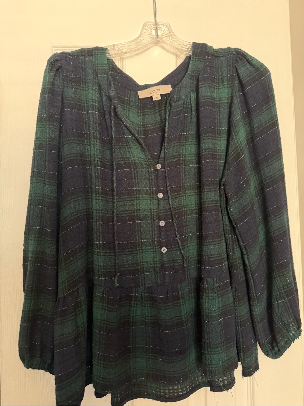 LOFT Navy and Green Plaid Button-Up Top